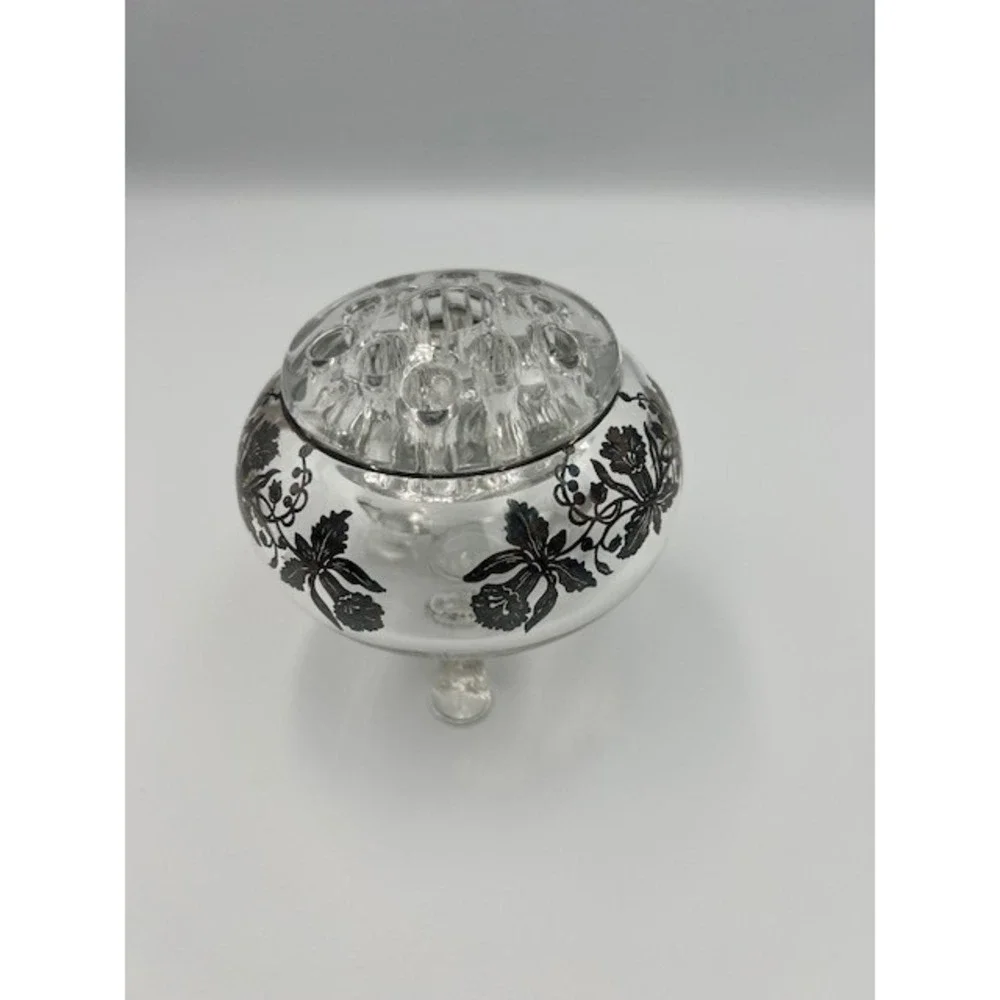 Viking Glass Vintage 3 Footed Rose Bowl Flower Frog Silver Overlay Floral Clear